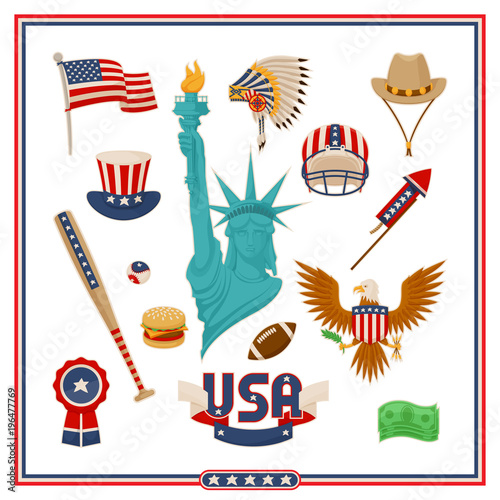 USA Country Symbols Isolated Illustrations Set