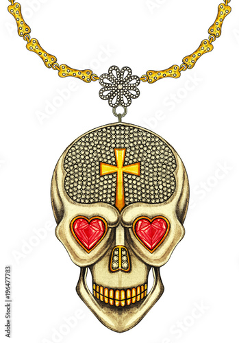 Jewelry Design Hi End bone mix Skull Necklace. Hand drawing and painting on paper. photo