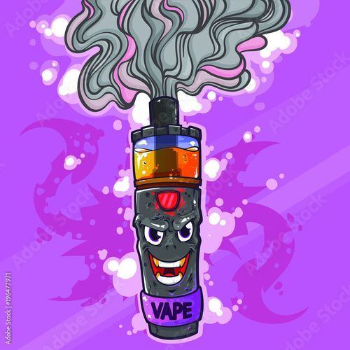 Electronic cigarette for vaping, cartoon character with smile on the face, vector illustration, funny and happy character