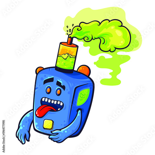 Character of vape box, box-mod, smoke vaping, vector line art cartoon illustration isolated on white background