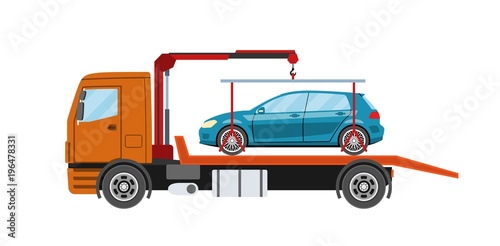 Wrecker truck with evacuated car. Towing truck evacuation service. Heavy evacuator. Vector illustration.