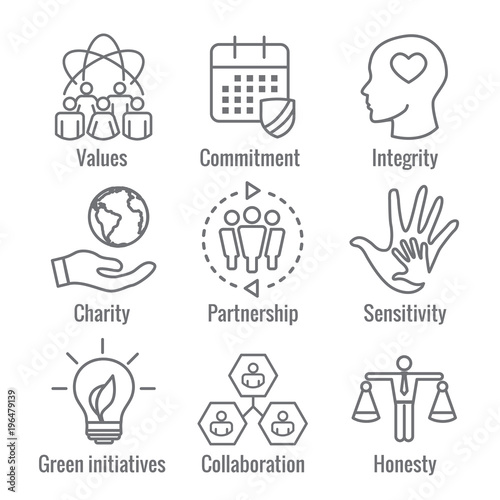 Social Responsibility Outline Icon Set with Honesty, integrity, collaboration, etc