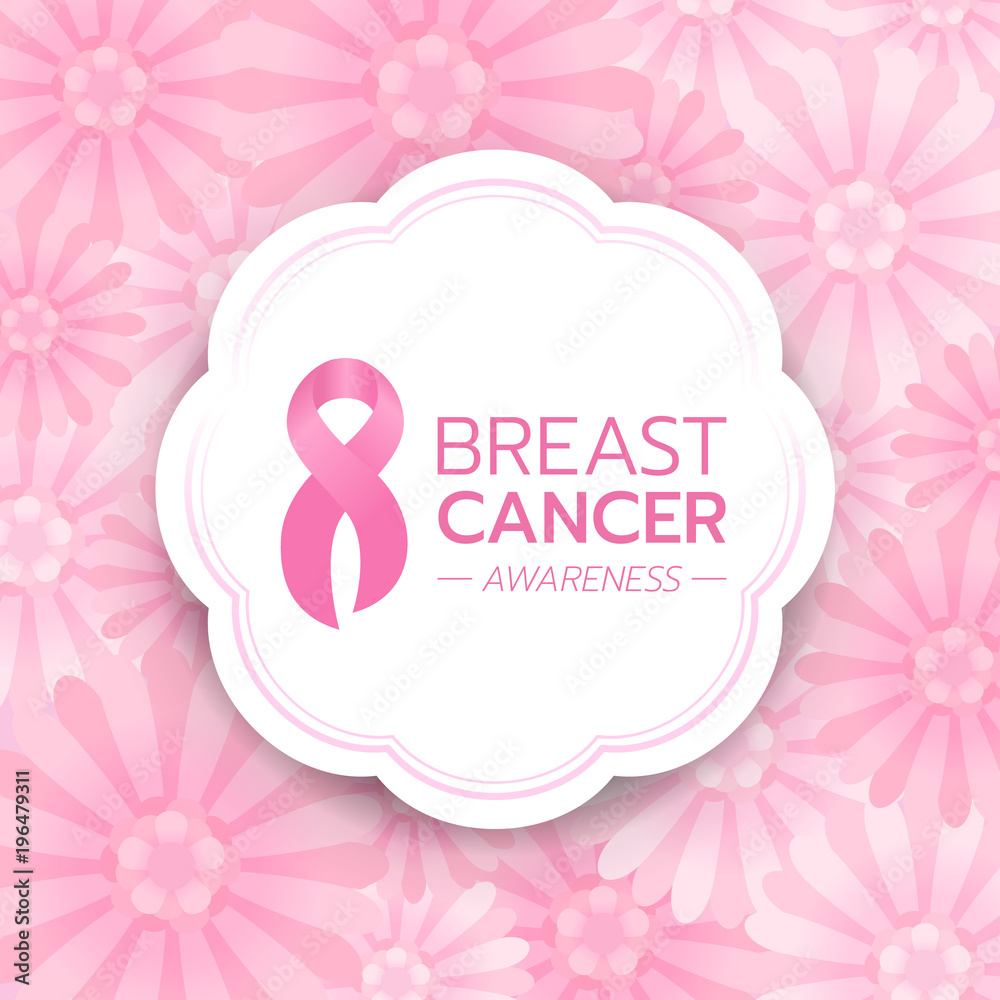 Breast cancer Awareness text and pink ribbon sign in white circle banner  on abstract pink flower background vector design