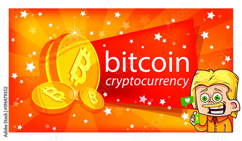 Poster with bitcoin money and man with cash, vector flat cartoon illustration, many flying stars