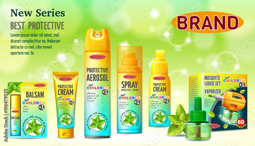 Poster of protective facilities from insects for children. Containers and tubes for cream, lotion, gel, balsam, spray, aerosol. 3D realistic isolated vector illustration.