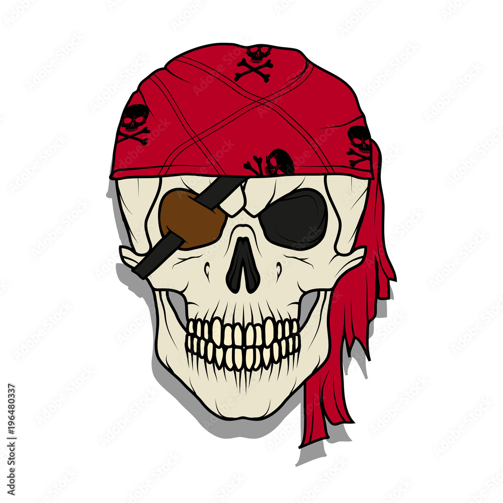 Skull pirate. Jolly Roger. The skull dressed in a bandana and a pirate  bandage in one eye. Stock Vector | Adobe Stock