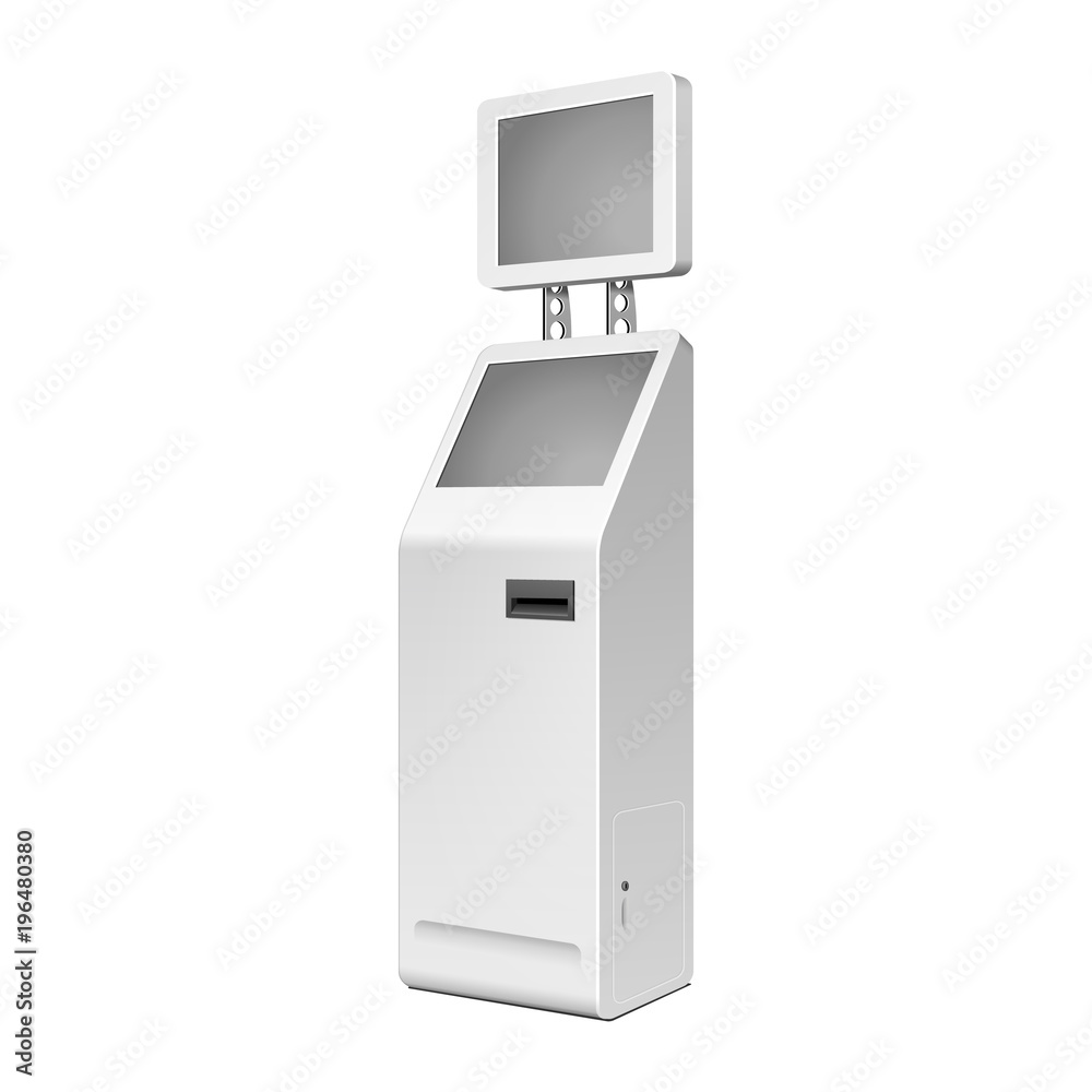 Outdoor White. Payment Terminal. ATM, POS, POI Advertising Stand On White Background. 3D Mock Up, Template. Illustration Isolated On White Background. Vector EPS10 Outdoor White. Payment Terminal. ATM, POS, POI Advertising Stand On White Background. 3D Mock Up, Template. Illustration Isolated On White Background. Vector EPS10