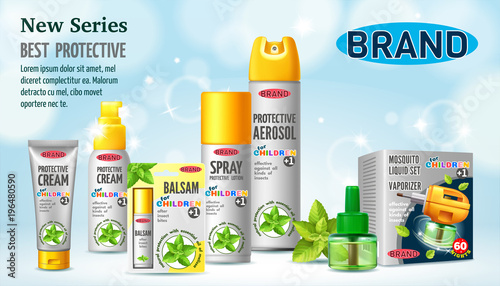Poster of protective facilities from insects for children. Containers and tubes for cream, lotion, gel, balsam, spray, aerosol. 3D realistic isolated vector illustration.