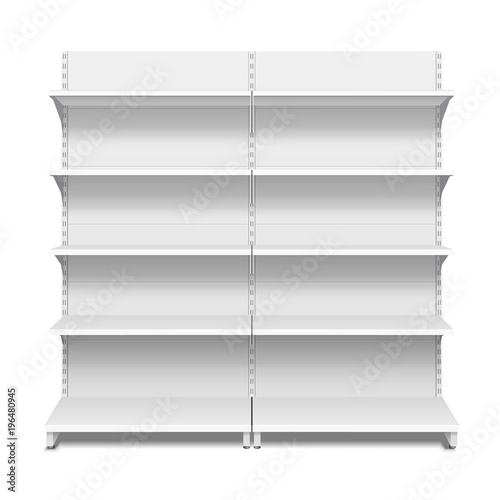 Blank Empty Showcase Display With Retail Shelves. 3D. Front View. Mock Up, Template. Illustration Isolated On White Background. Ready For Your Design. Product Advertising. Vector EPS10