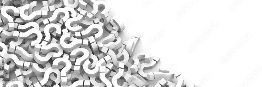 White question marks background with empty copy space on right side. 3D Rendering. White question marks background with empty copy space on right side. 3D Rendering.
