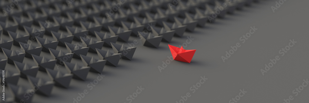 Leadership, success, and teamwork concept, red leader boat leading black boats. 3D Rendering. - obrazy, fototapety, plakaty 