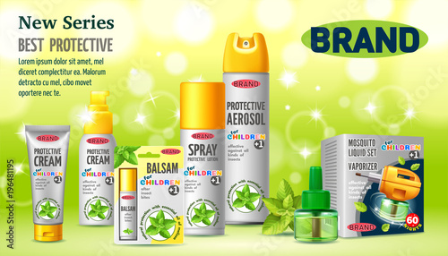 Poster of protective facilities from insects for children. Containers and tubes for cream, lotion, gel, balsam, spray, aerosol. 3D realistic isolated vector illustration.