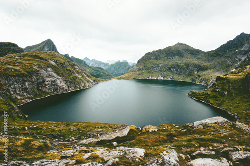 Fototapeta Naklejka Na Ścianę i Meble -  Lake and Mountains Landscape in Norway Travel scenery scandinavian nature