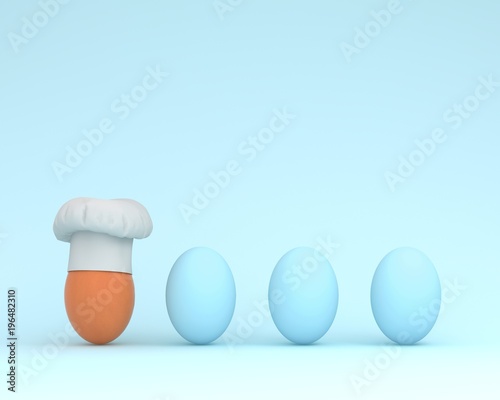 Outstanding Chef hat with egg floating with blue eggs on pastel blue background. minimal idea food concept. Idea creative to produce work and advertising marketing communications. think different.