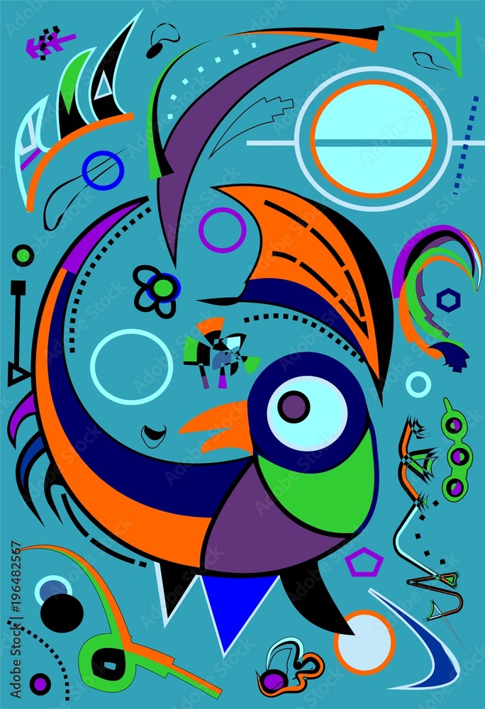 composition of abstract colorful shapes ,stylized bird on blue
