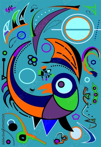 composition of abstract colorful shapes  stylized bird on blue