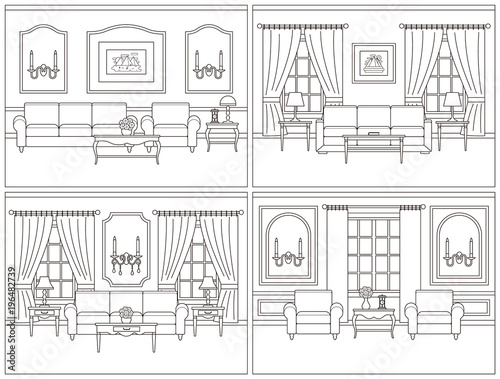 Living room interior. Vector room. Set interiors. Home line art flat design with furniture, window. Outline house sketch in classic style. Linear background. Cartoon illustration. Coloring page.