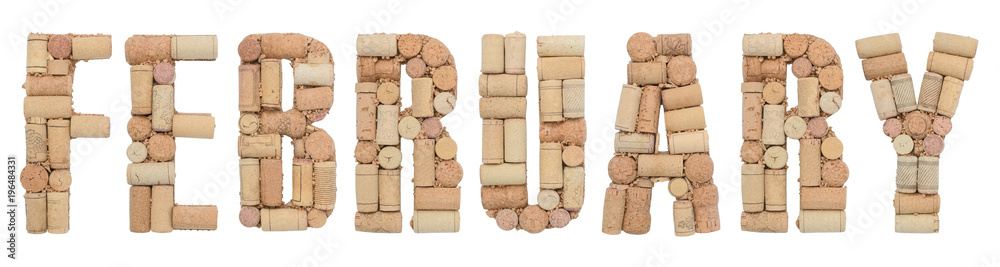 Word February made of wine corks Isolated on white background