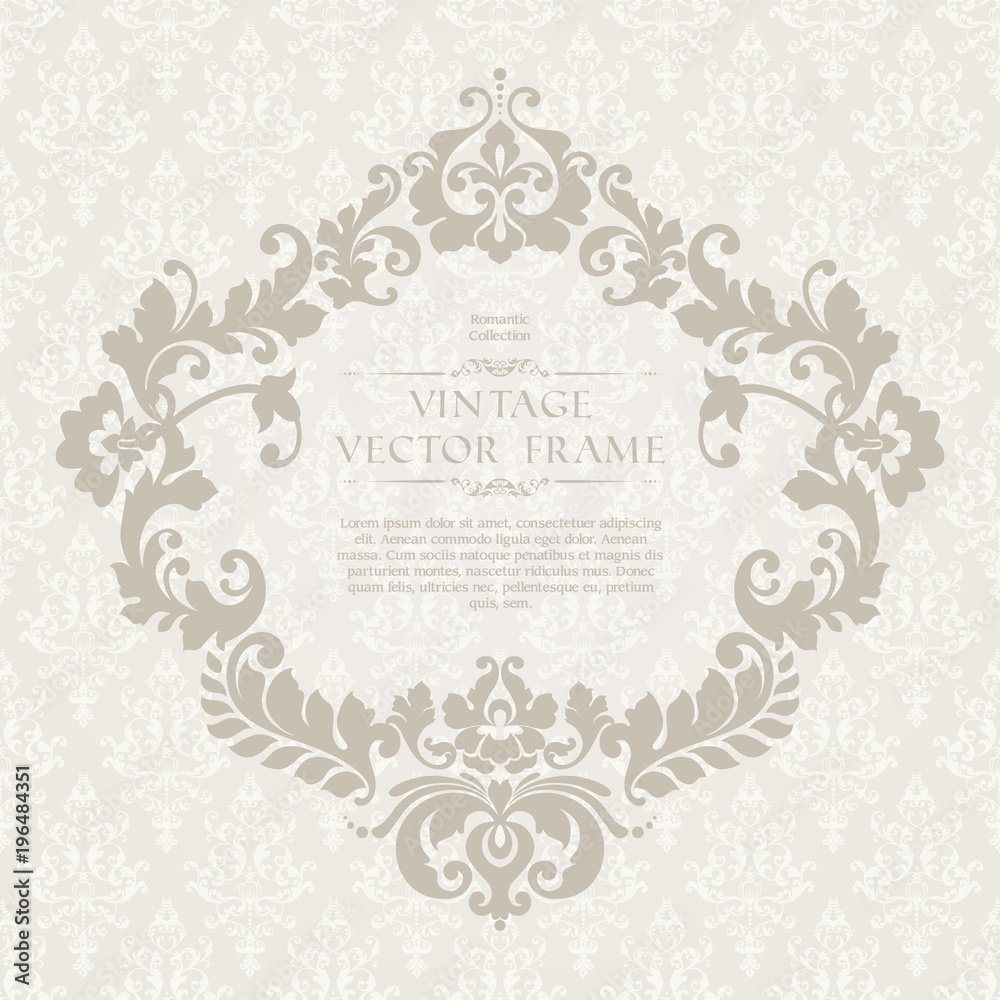 Vintage elegant template with ornamental pattern and decorative frame. for wedding invitation, greeting card with damask elements