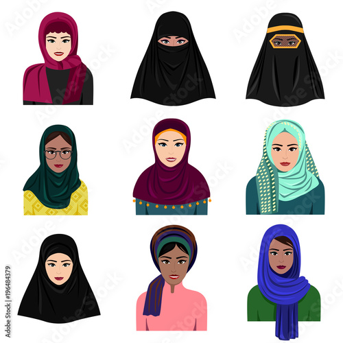 Vector illustration of different muslim arab women characters in hijab icons set. Islamic saudi arabic ethnic women in traditional clothing in flat style isolated on white background.