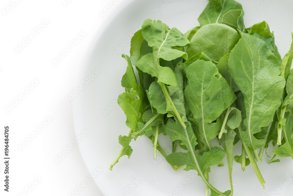 Rocket salad in white plate on isolated white background Rocket salad in white plate on isolated white background