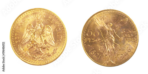 Gold coin of Mexiacan Pesos front and back of fine gold, isolated on pure white background