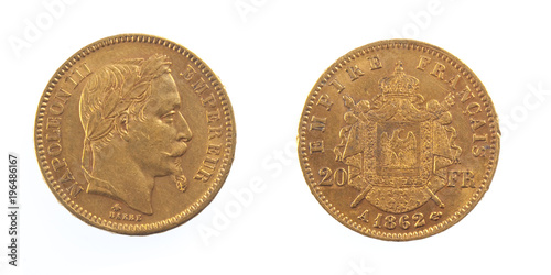 Gold coin of Napoleon III Emperor France front and back of fine gold, isolated on pure white background