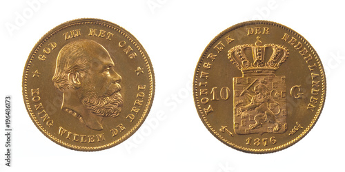 Gold coin of Netherlands Dutch King Willem III front and back of fine gold, isolated on pure white background