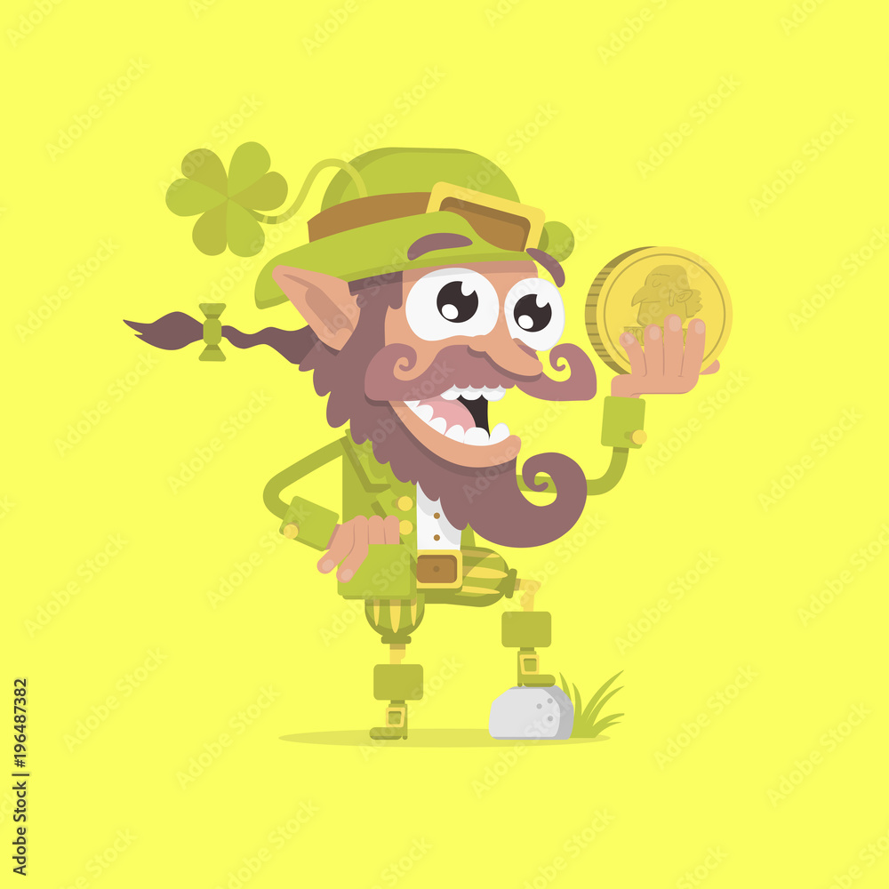 Leprechaun holding a gold coin on Saint Patrick's Day. Goblin of Ireland. Cartoon character, vector illustration, flat design. Leprechaun holding a gold coin on Saint Patrick's Day. Goblin of Ireland. Cartoon character, vector illustration, flat design.