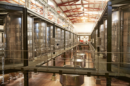 Modern winemaking facility interior, angled view