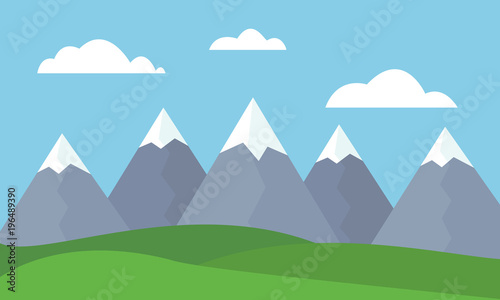 Flat design illustration of mountain landscape with meadow, clouds and blue sky
