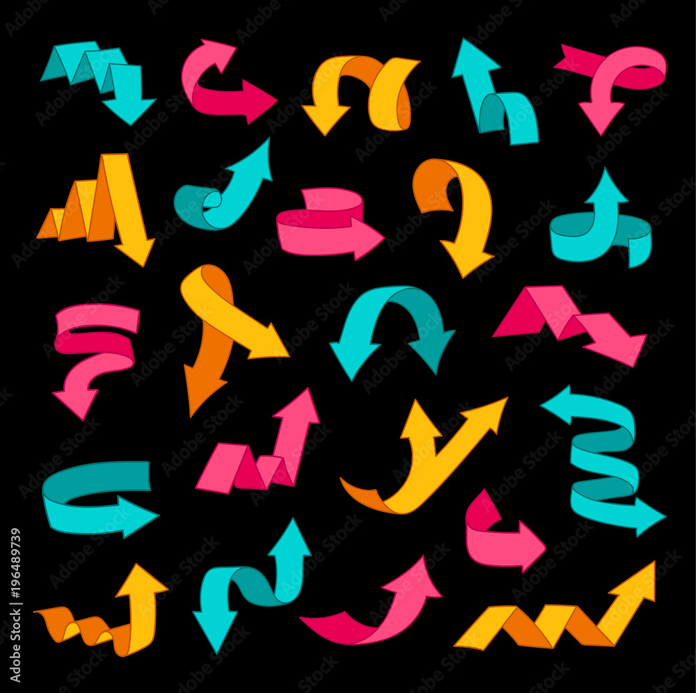 Set of bright colored arrows and ribbons. Blue, yellow, pink. Vector illustration. Set of bright colored arrows and ribbons. Blue, yellow, pink. Vector illustration.