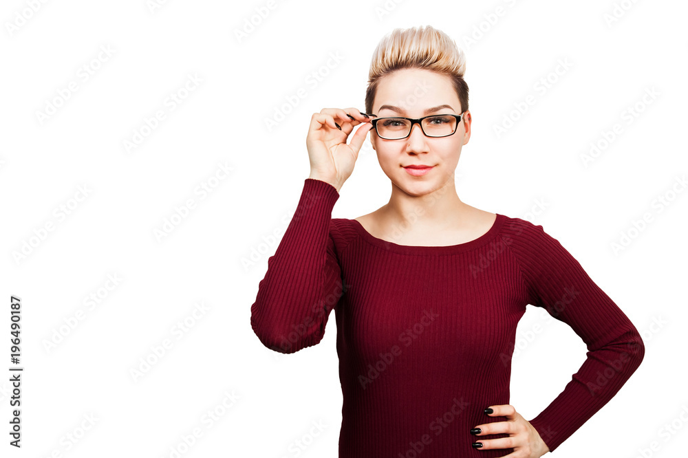 Portrait of attractive business woman with short hair and glasses. Isolated on white. Portrait of attractive business woman with short hair and glasses. Isolated on white.