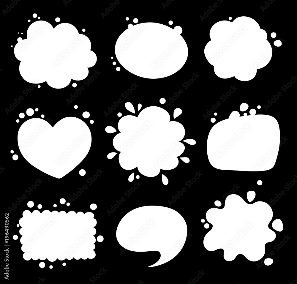 Set of empty white speech bubbles. Collection various blots for message, phrases, words, expressions. White balloons on black background. Set of empty white speech bubbles. Collection various blots for message, phrases, words, expressions. White balloons on black background.