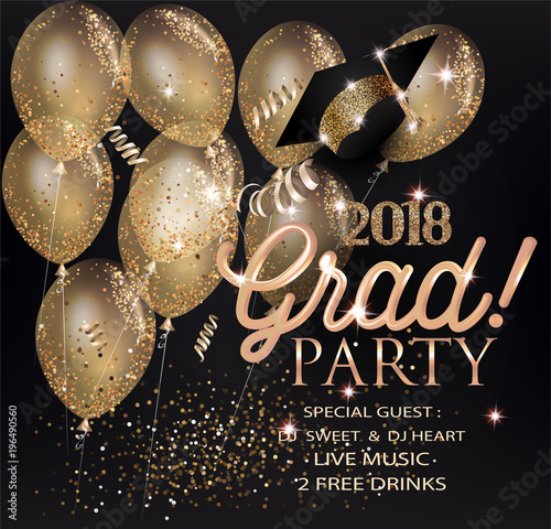 GRADUATION PARTY INVITATION CARD WITH GOLD AIR BALLOONS, SERPENTINE AND GRADUATION CAP. VECTOR ILLUSTRATION