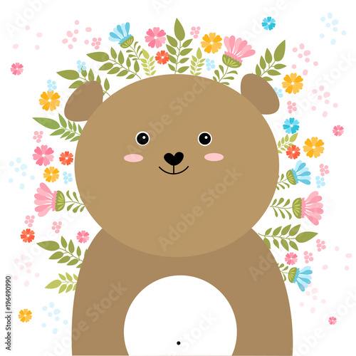 Vector cartoon sketch bear illustration with spring and summer flowers