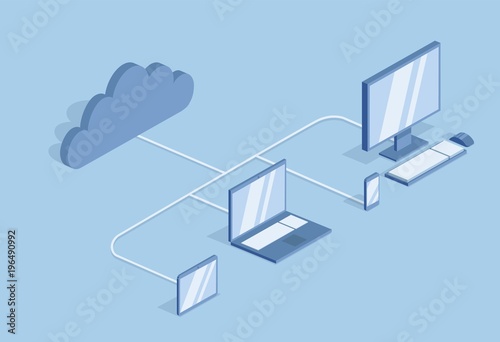 Cloud computing concept. Information technology. Desktop PC, laptop and mobile devises synced in the cloud. Isometric vector illustration, isolated on blue background.