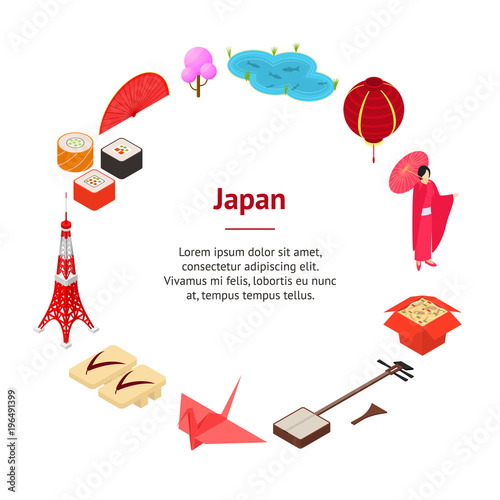 Symbol of Japan Banner Card Circle Isometric View. Vector