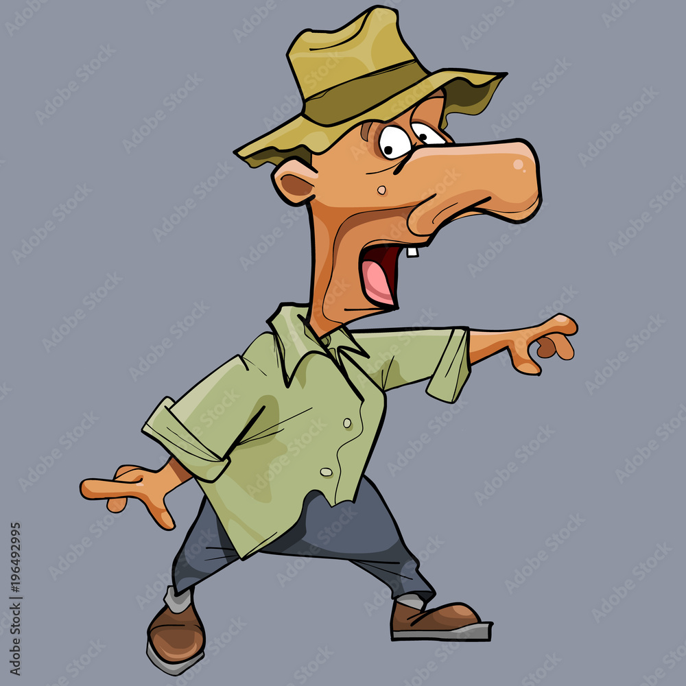 funny cartoon scared man in a hat and a big nose Stock Vector | Adobe Stock