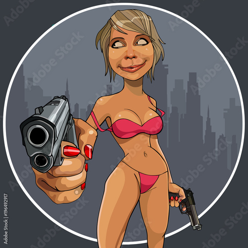 cartoon funny woman in swimsuit with guns in each hand
