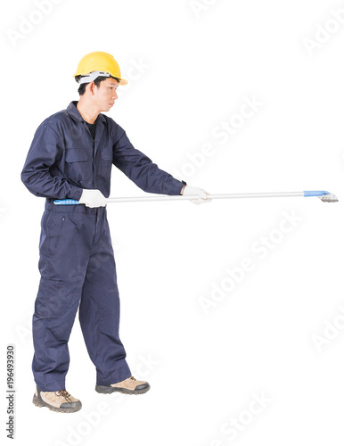 Obraz na płótnie Young man hold squeegee window cleaner isolated on white w salonie