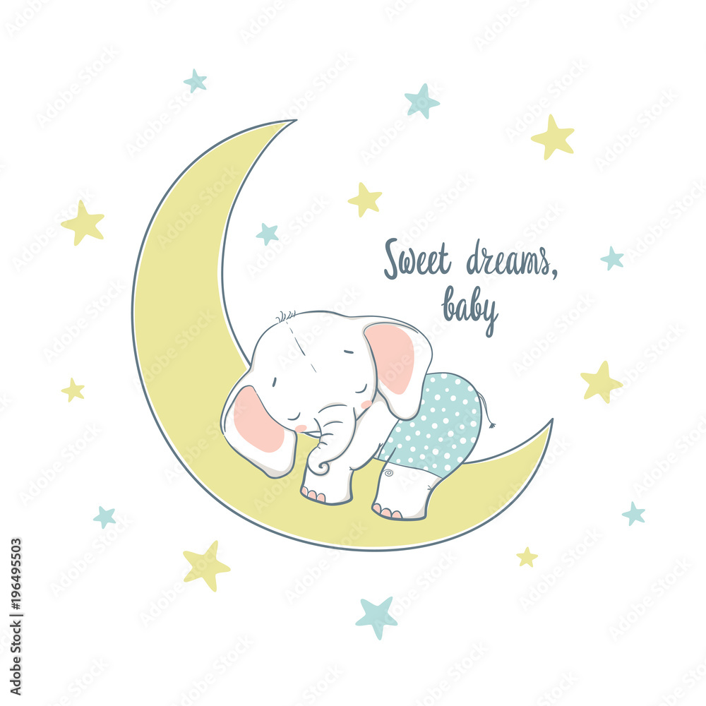 Obraz premium Sweet dreams. A little elephant sleep on the moon