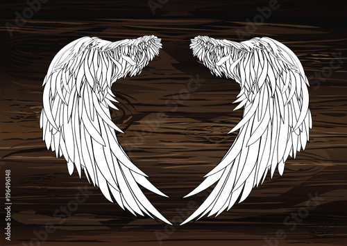 Wings. Vector illustration on wooden background. Black and white