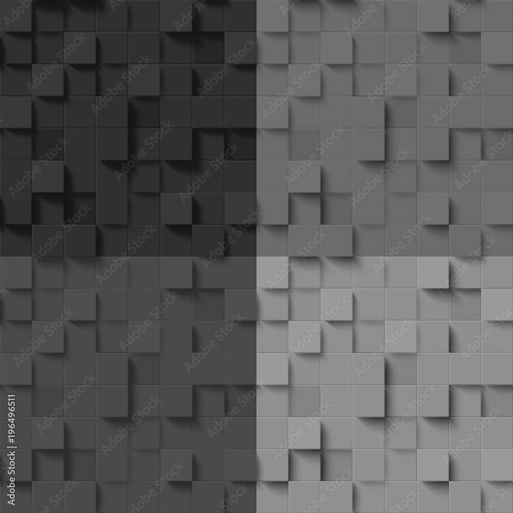 Set of mosaics made of dark volumentic squares. Seamless pattern with three-dimensional cubes Set of mosaics made of dark volumentic squares. Seamless pattern with three-dimensional cubes