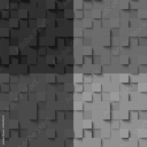 Set of mosaics made of dark volumentic squares. Seamless pattern with three-dimensional cubes