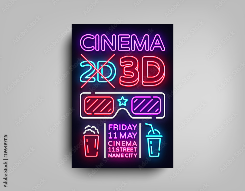 Cinema 3d poster design template in neon style. Neon Sign, Light Banner, Bright Light Flyer, Design Postcard, Promotional Brochure, Neon Night Cinema Advertising, Night Session. Vector Illustrations