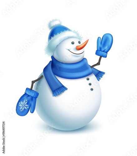smiling snowman in blue mittens