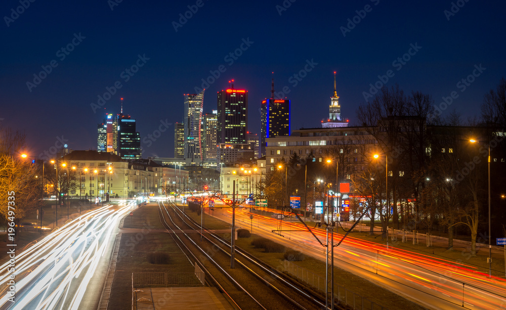 Night view of downtown in the center of Warsaw, Poland