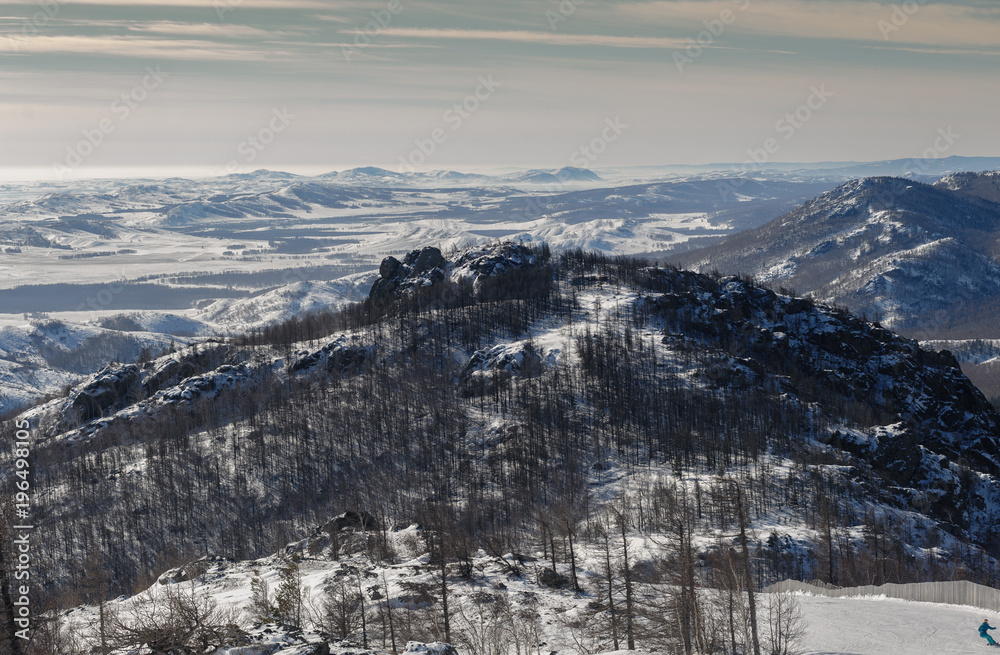 Mountains and winter landscape of the Southern Urals and Bashkiria Lake Yakty-Kul