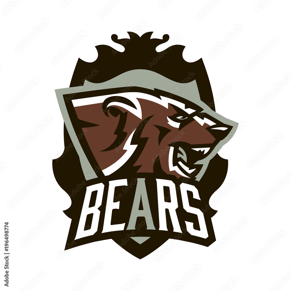 Logo, emblem of an aggressive bear ready for attack. A dangerous predator, an animal living in a wild forest, teeth. Shield, lettering, printing on T-shirts. Vector illustration